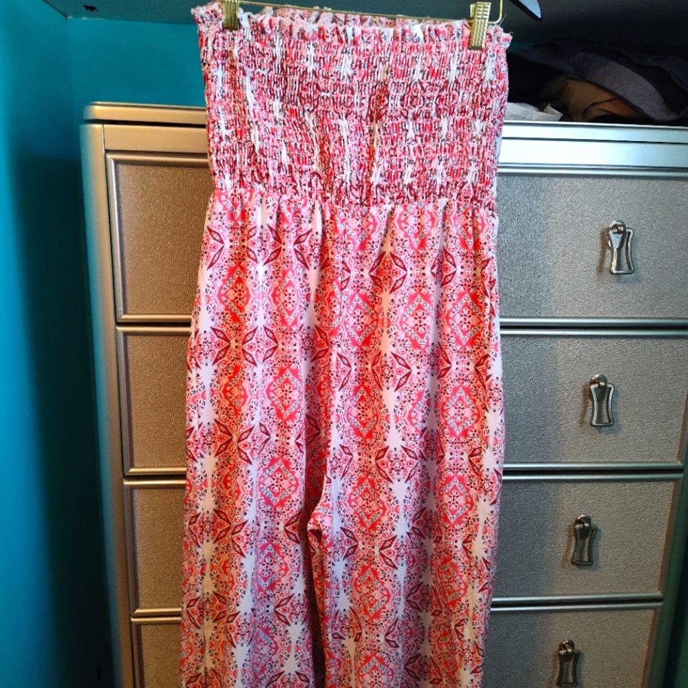 SHEIN Pink and White Strapless Jumpsuit